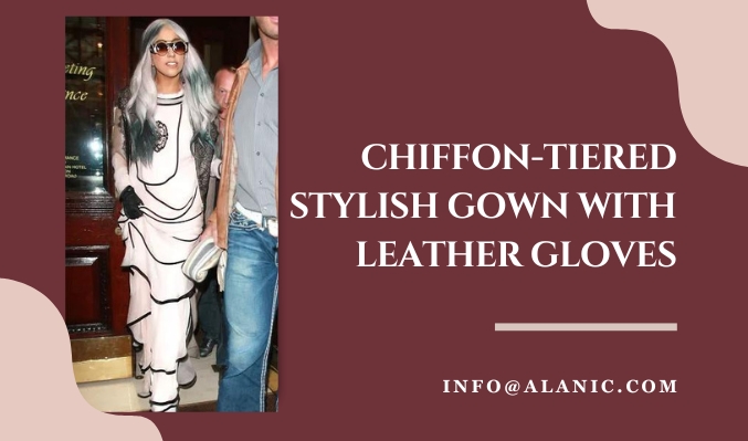 stylish gown with leather gloves