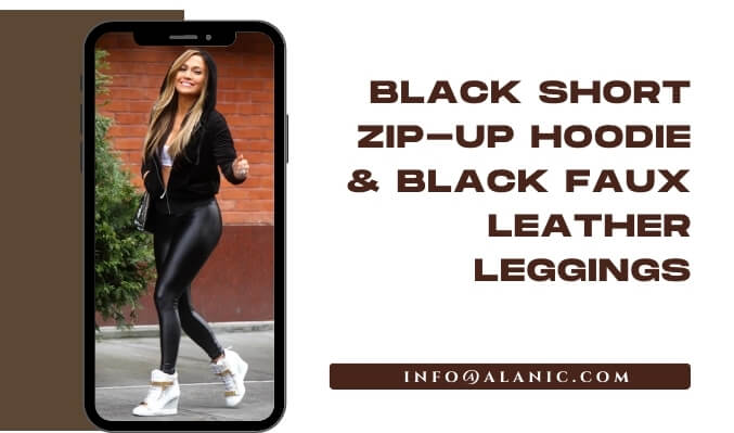 black short zip-up hoodie & black faux leather leggings