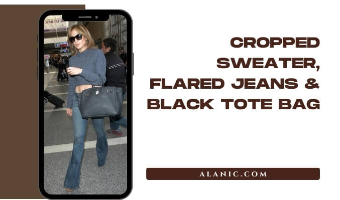 cropped sweater, flared jeans & black tote bag