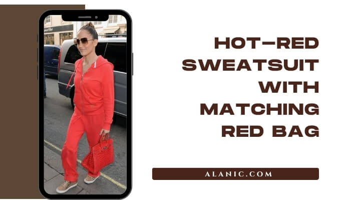 hot-red sweatsuit with matching red bag