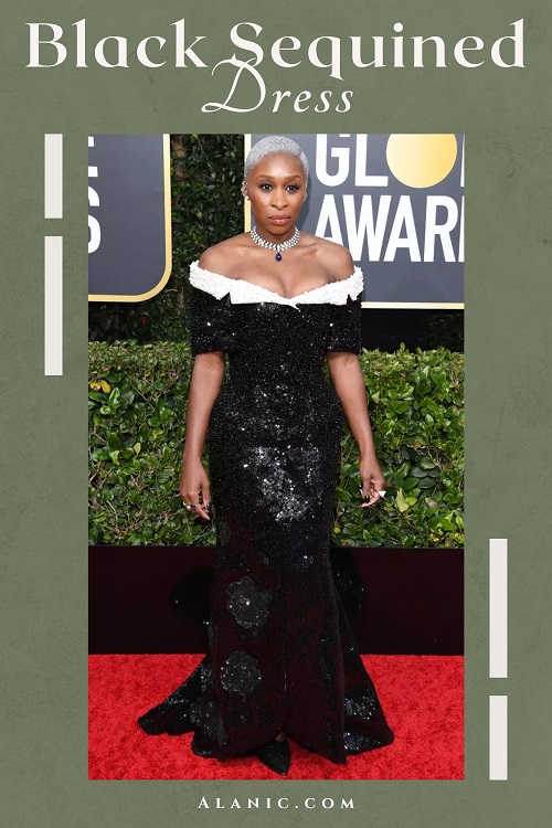 Cynthia Erivo in Black Sequined Dress