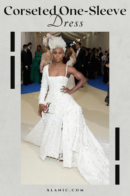 Cynthia Erivo in Snowy White Corseted One-Sleeve Dress