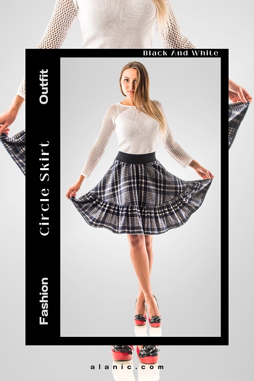 Black And White Check Knit Circle Skirt