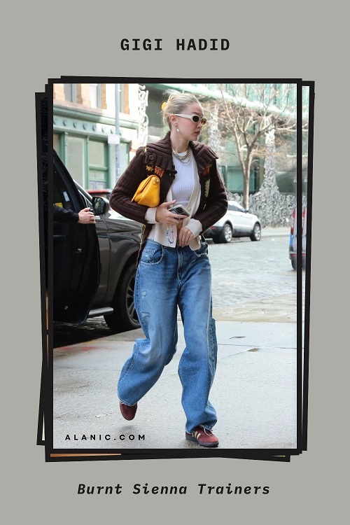 Gigi Hadid in Burnt Sienna Trainers