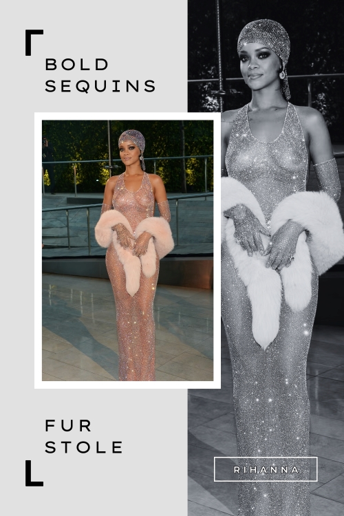 Rihanna in Bold Sequins & Fur Stole