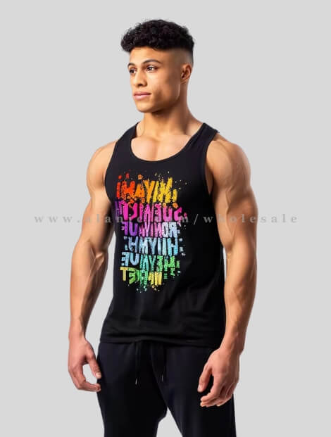 black text printed tank top for men in bulk