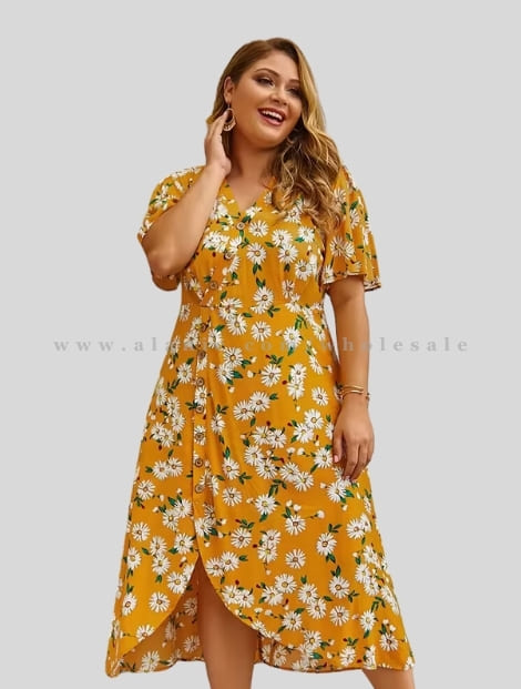 wholesale yellow printed plus size maxi dress