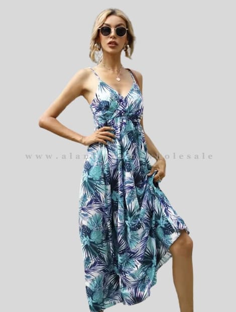 wholesale blue hawaiian print tank dress