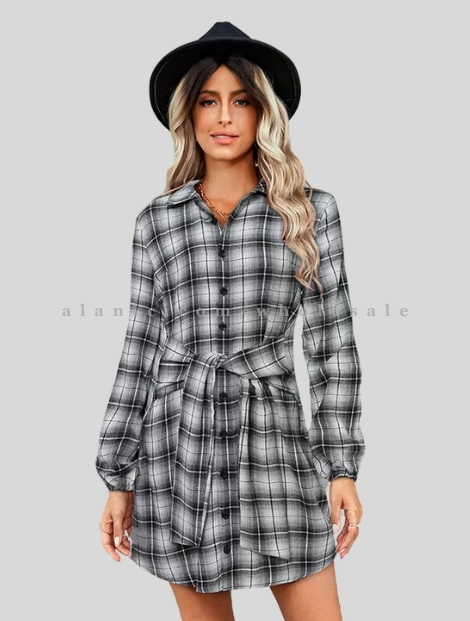 black & grey front knot flannel dress in bulk