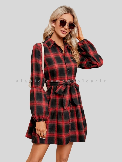 black & red front knot flannel dress supplier