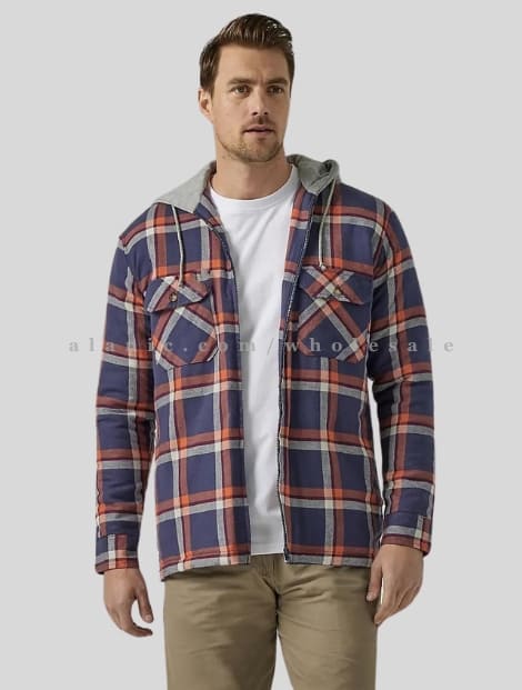 blue flannel jacket with front zip in bulk