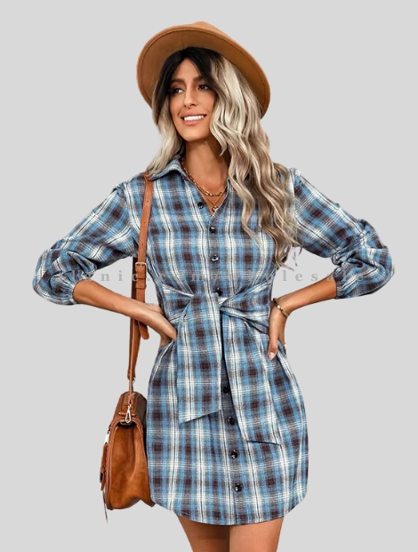 blue & white front knot flannel dress vendor