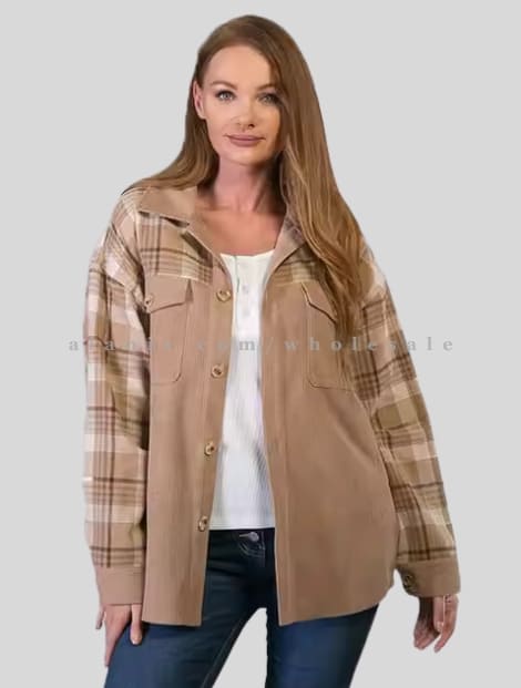 brown color block womens flannel jacket vendor