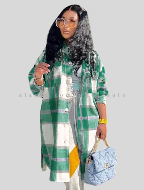 wholesale green & white womens oversized flannel coat