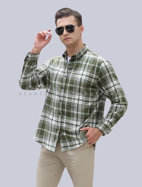 wholesale moss green flannel shirt for men