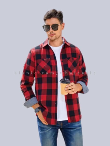 red & black mens flannel shirt supplier