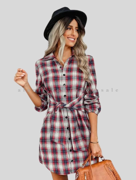 wholesale red & white front knot flannel dress