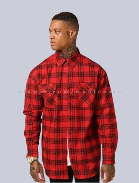 red with black mens flannel shirt in bulk