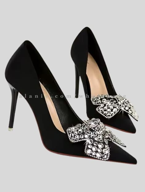 wholesale black party heels with rhinestone bow