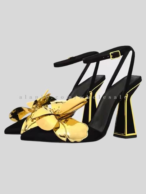 black with golden designer t-bar heels vendor