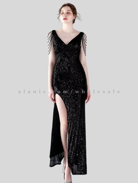 black deep v neck sequin sleeveless maxi dress in bulk