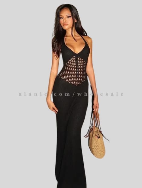 black halter neck knitted maxi dress manufacturer