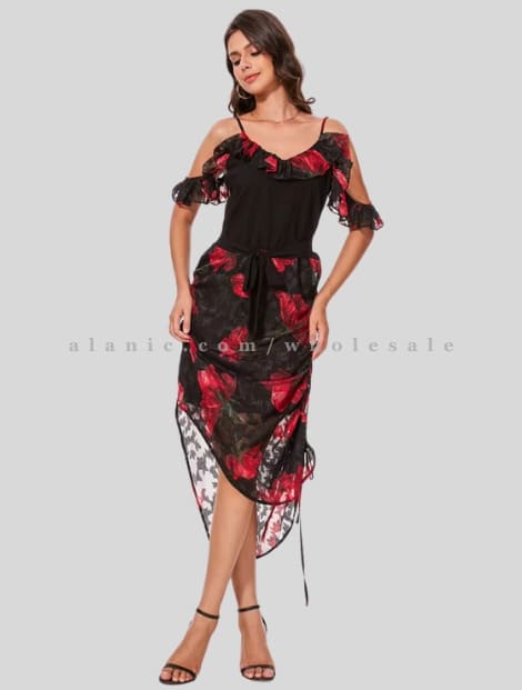 black & red printed maxi dress with lace wholesaler