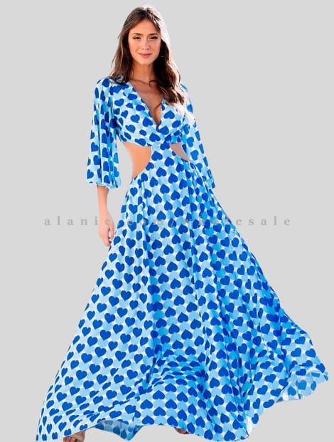 blue heart printed bare waist maxi dress manufacturer