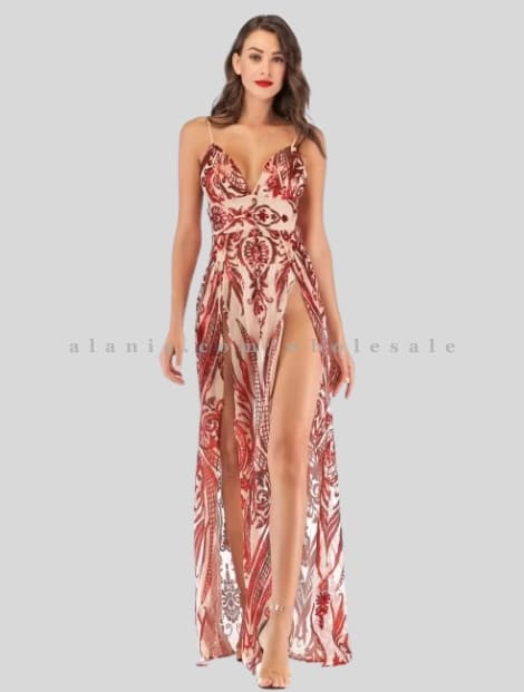 wholesale deep v-neck printed maxi dress