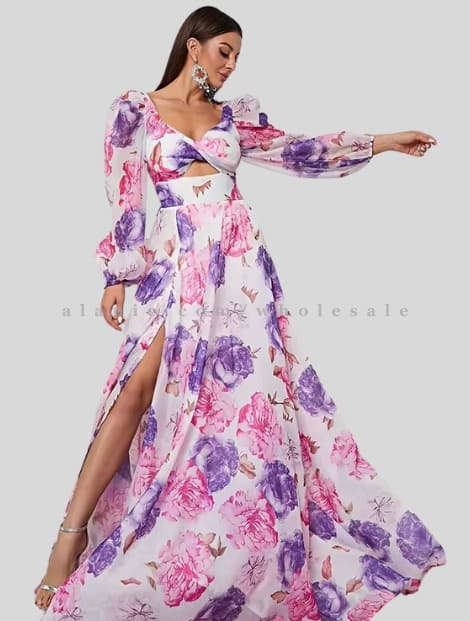 floral printed a line maxi dress in bulk