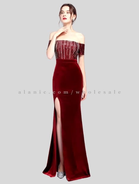 maroon velvet off shoulder designer maxi dress wholesaler