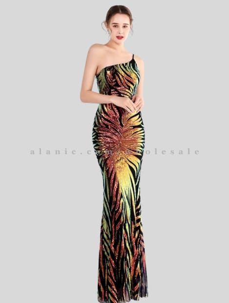 wholesale multicolored designer one shoulder maxi dress