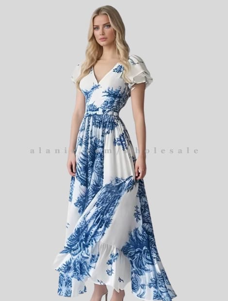 white & blue printed chiffon maxi dress vendor