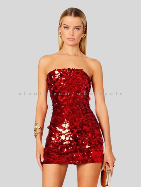 bright red strapless sequin dress vendor