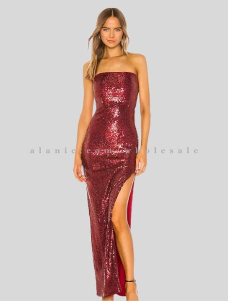 wholesale burgundy strapless sequin long dress