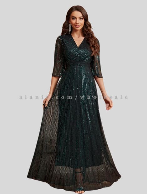 dark green v neck sequin lace dress wholesaler