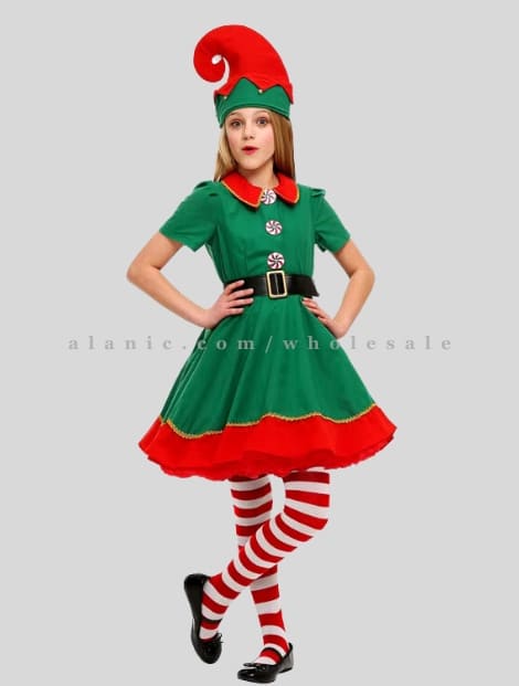 green christmas party dress with socks & hat for girls in bulk