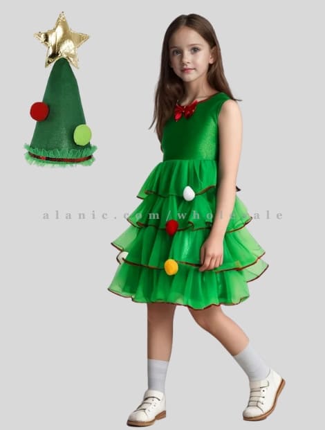 little girls green christmas party dress with designer hat wholesaler