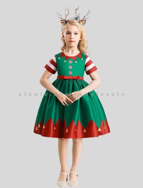 little girls green & red dress for christmas party wholesaler