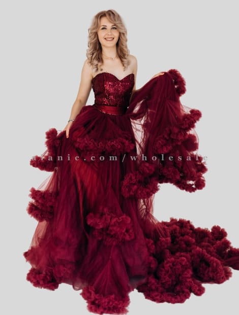 maroon off shoulder ruffle volume dress wholesaler