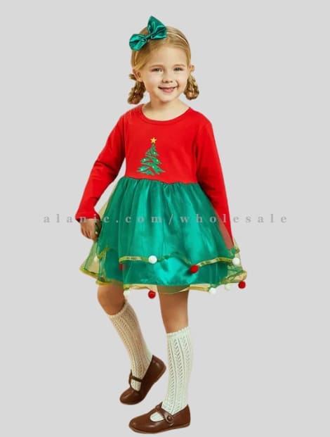 red & green christmas tree printed dress for little girl manufacturer