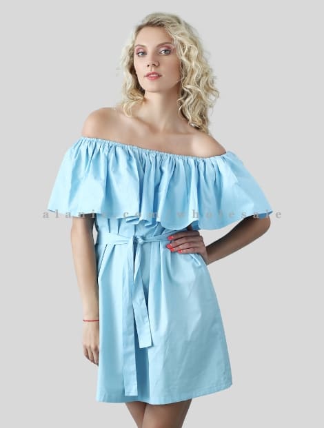 sky blue off shoulder ruffle mini dress wholesaler