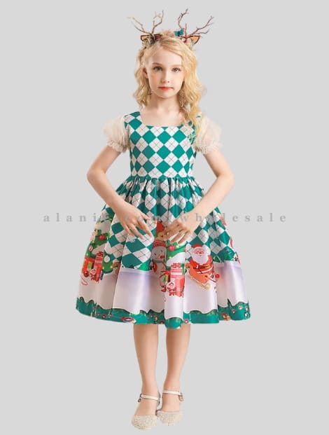 teal & white printed christmas party frocks for girls vendor