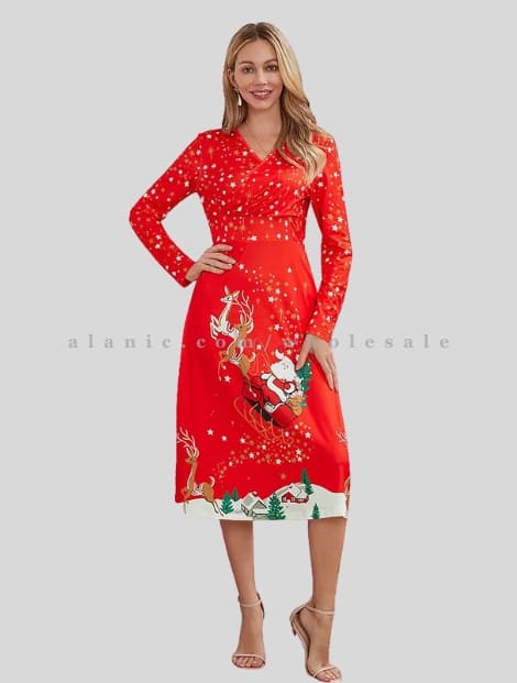 womens red printed v neck dress for christmas party wholesaler