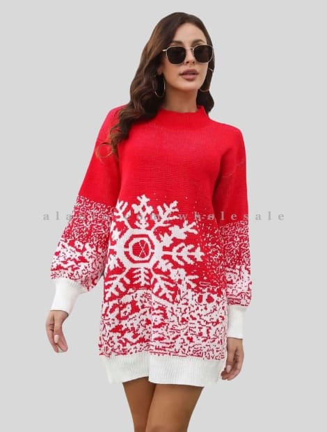 womens red snow printed sweater for christmas party in bulk