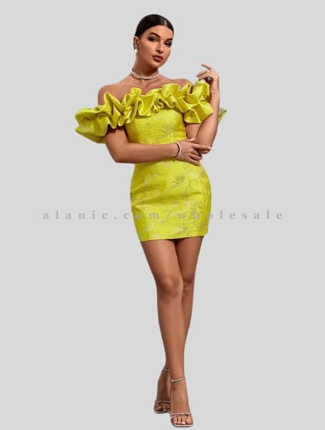 wholesale yellow off shoulder ruffle mini dress