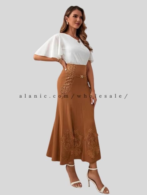 brown high waist embroidered a-line skirt supplier