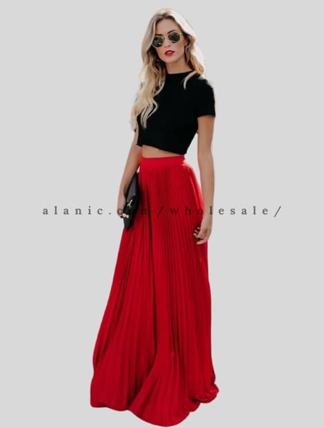 red pleated long maxi skirt for women in bulk