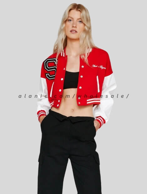 wholesale red & white varsity jacket for women