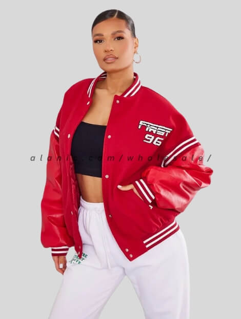 red text printed varsity jacket for women supplier